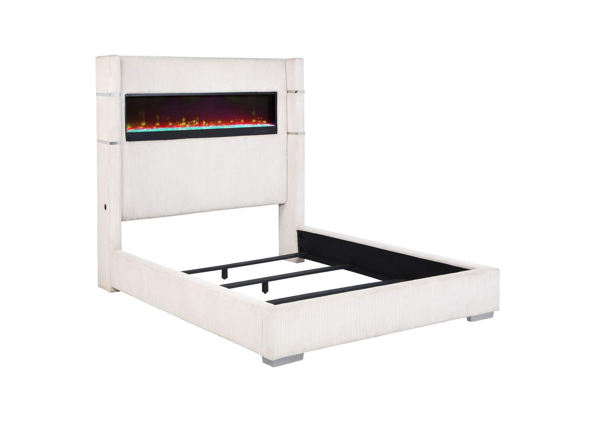 306032KW Tisdall Upholstered Cal King Flame Visualizer Bed Cream