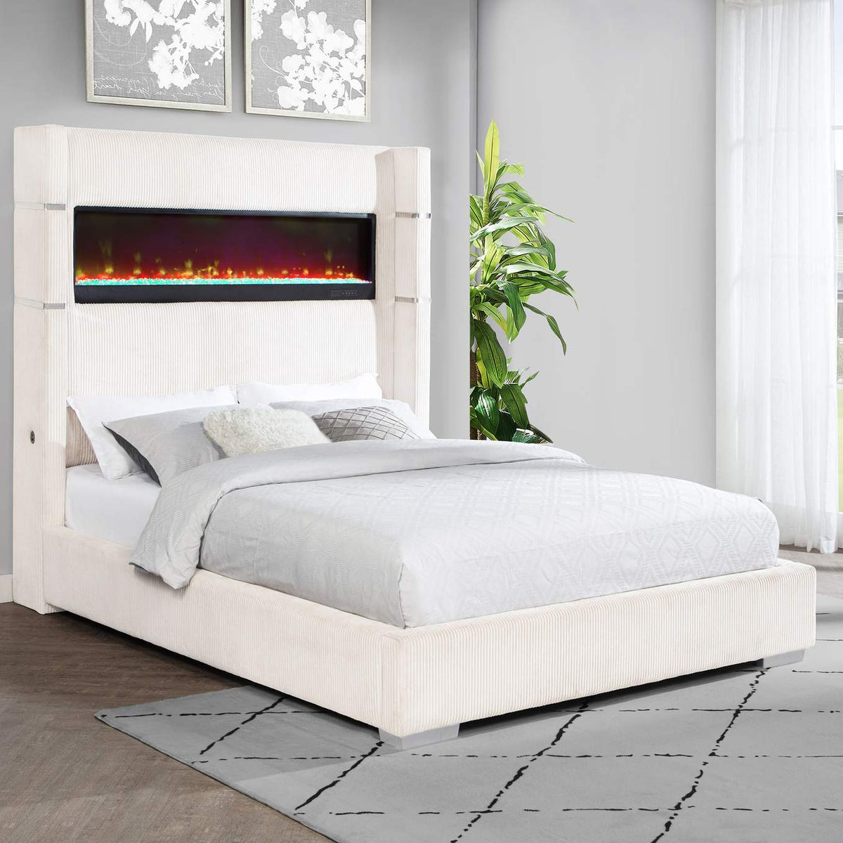 306032Q Tisdall Upholstered Queen Flame Visualizer Bed Cream
