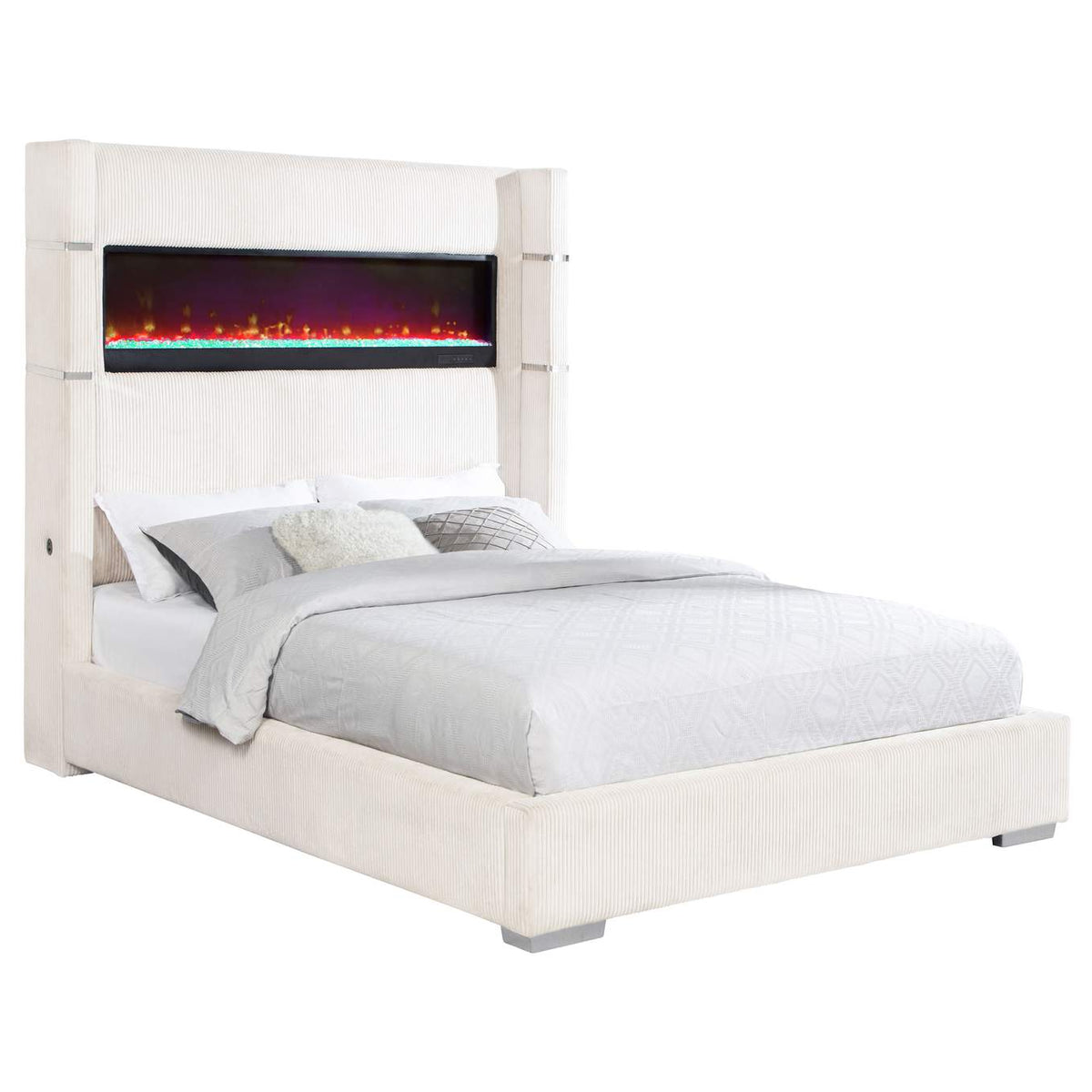 306032Q Tisdall Upholstered Queen Flame Visualizer Bed Cream