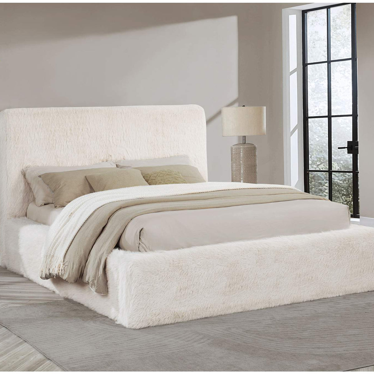 306141Q Rebecca Faux Fur Upholstered Queen Bed Cream