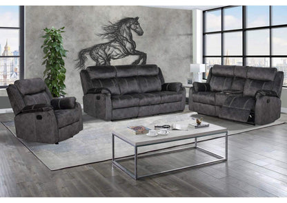 U7303-DOMINO_GRANITE-RS_CRLS_GR U7303 GRANITE RECLINING SOFA - CONSOLE RECLINING LOVESEAT - GLIDER RECLINER