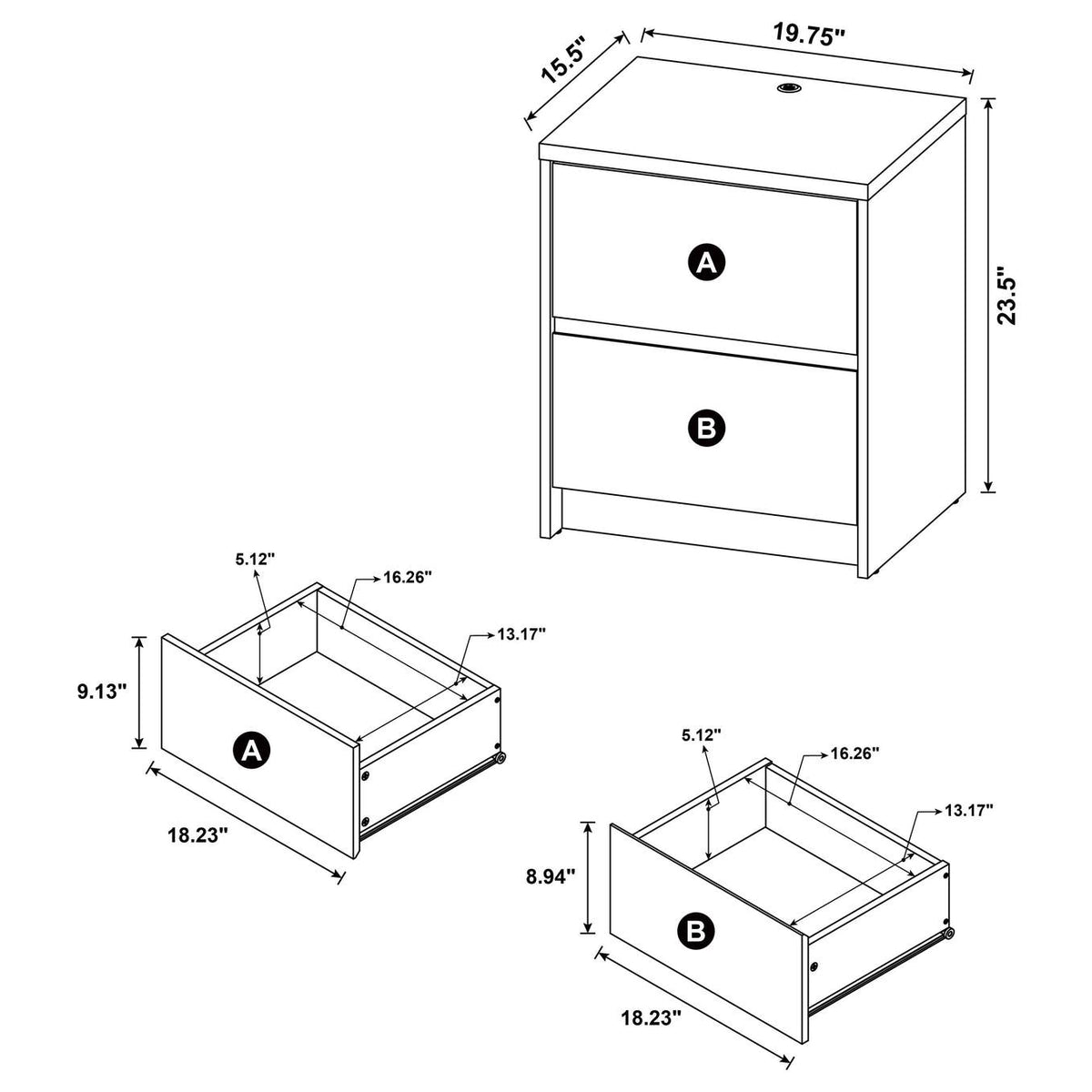 315852 Westpark 2-drawer Nightstand LED Lights and USB Black