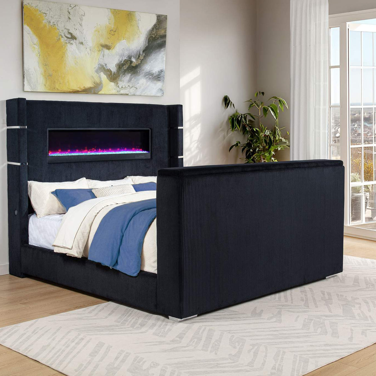 315868BLKKE Tisdall Eastern King Flame Visualizer Wingback TV Bed Black