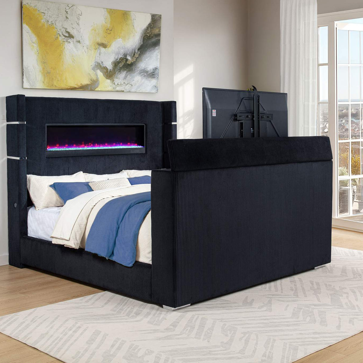 315868BLKKE Tisdall Eastern King Flame Visualizer Wingback TV Bed Black