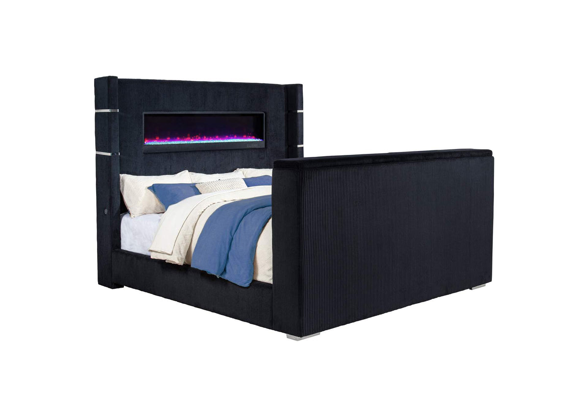 315868BLKKE Tisdall Eastern King Flame Visualizer Wingback TV Bed Black