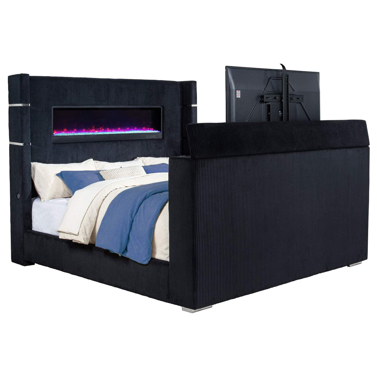 315868BLKKE Tisdall Eastern King Flame Visualizer Wingback TV Bed Black