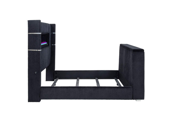 315868BLKKE Tisdall Eastern King Flame Visualizer Wingback TV Bed Black