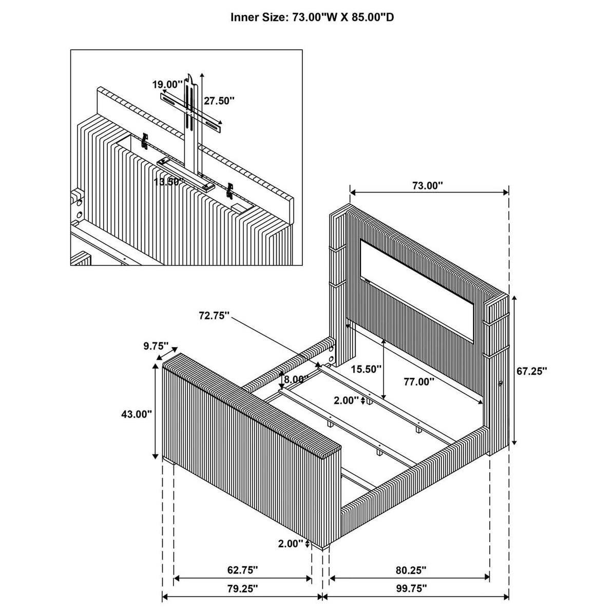 315868BLKKW Tisdall California King Flame Visualizer TV Bed Black