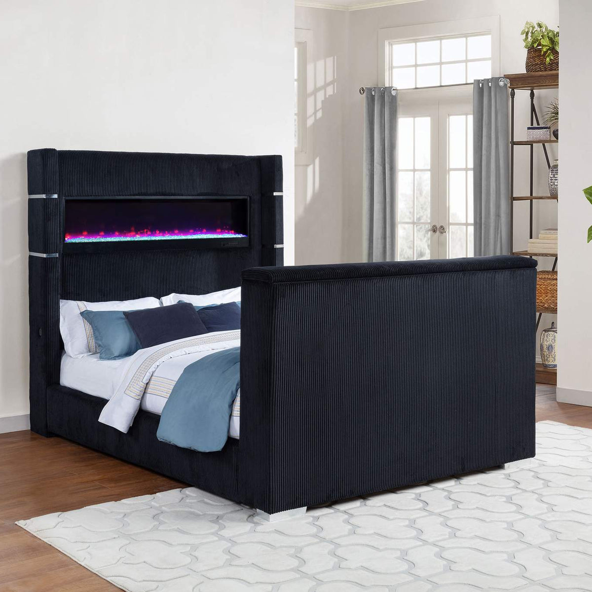 315868BLKQ Tisdall Queen Flame Visualizer Wingback TV Bed Black