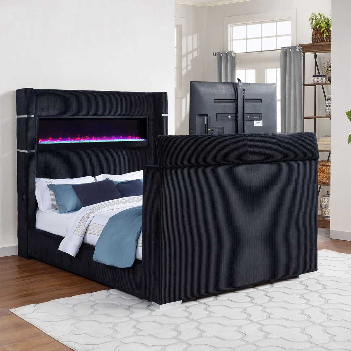315868BLKQ Tisdall Queen Flame Visualizer Wingback TV Bed Black