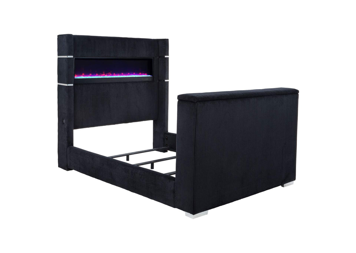 315868BLKQ Tisdall Queen Flame Visualizer Wingback TV Bed Black