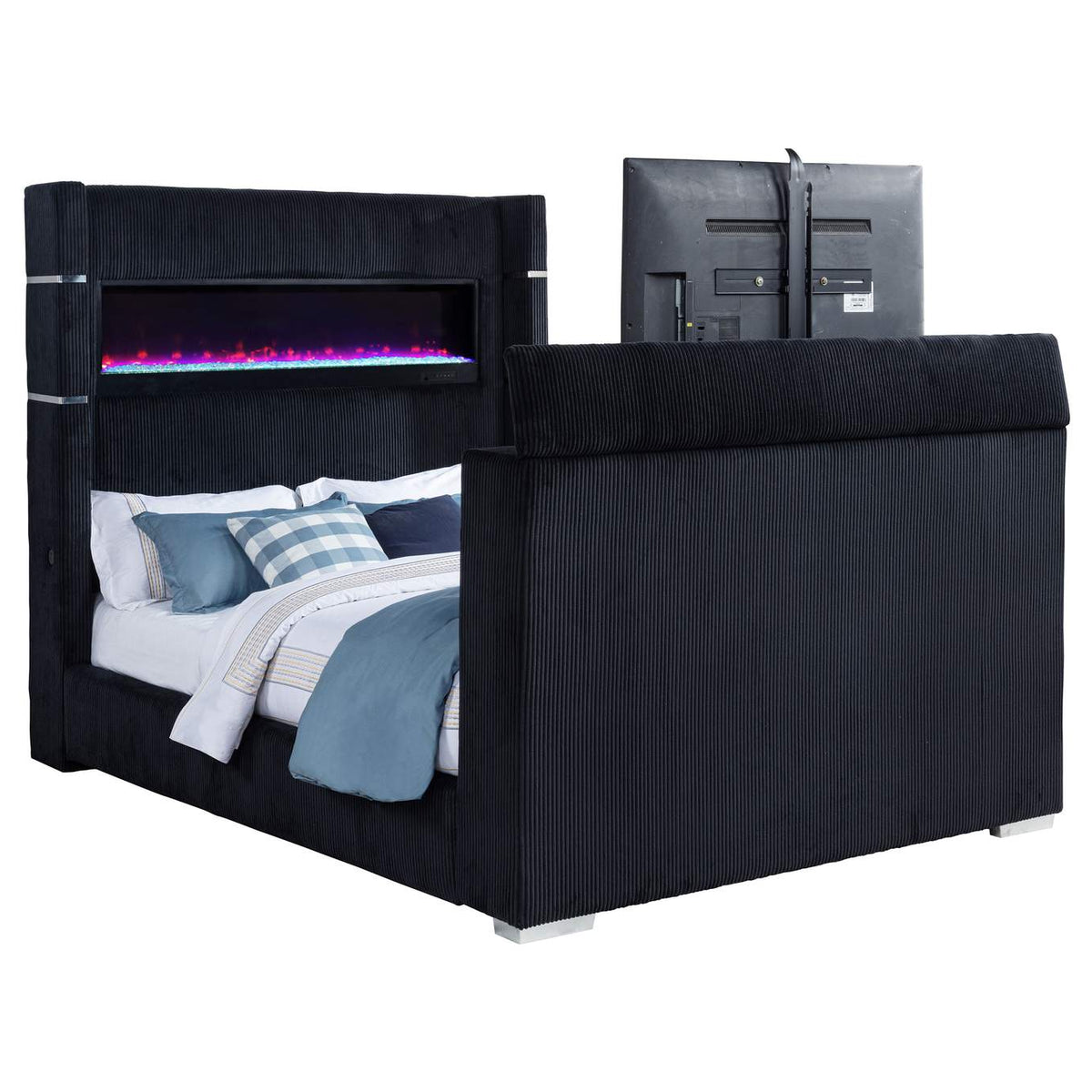 315868BLKQ Tisdall Queen Flame Visualizer Wingback TV Bed Black