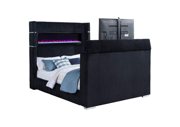 315868BLKQ Tisdall Queen Flame Visualizer Wingback TV Bed Black