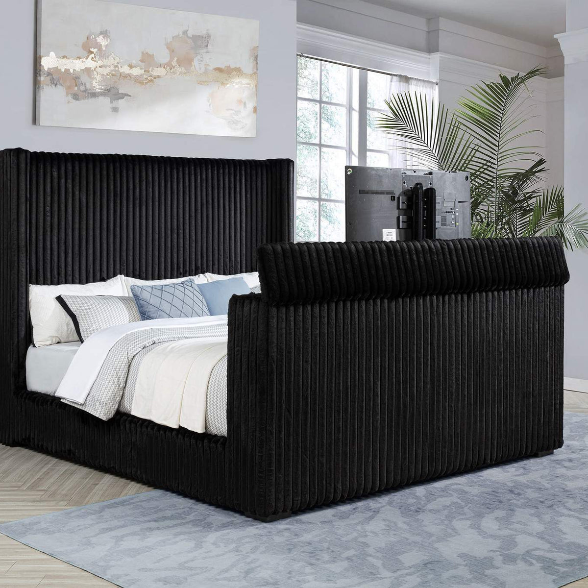 315945KE Centergrove Upholstered Eastern King Wingback TV Bed Black