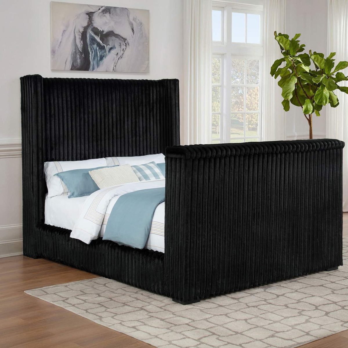 315945Q Centergrove Upholstered Queen Wingback TV Bed Black