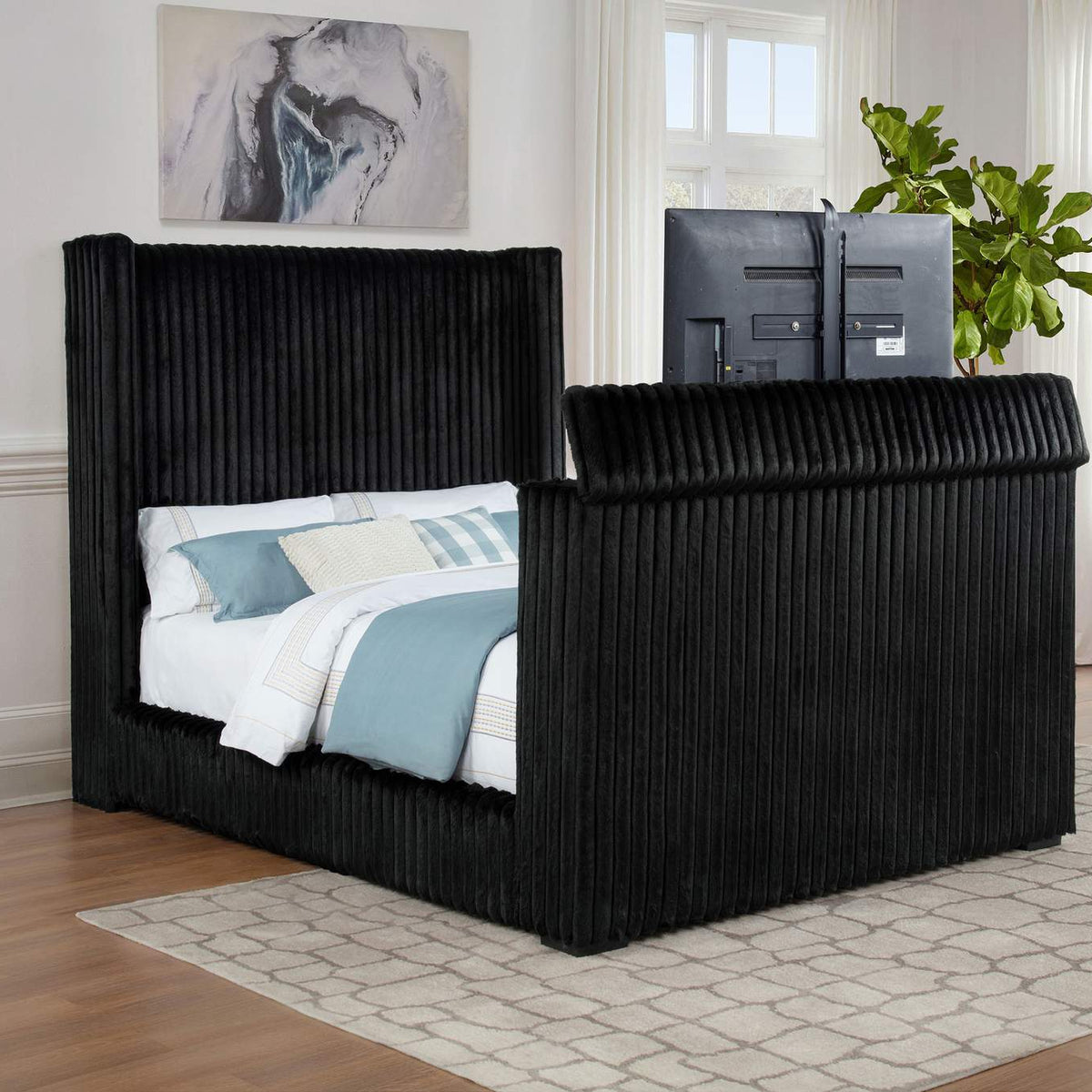 315945Q Centergrove Upholstered Queen Wingback TV Bed Black