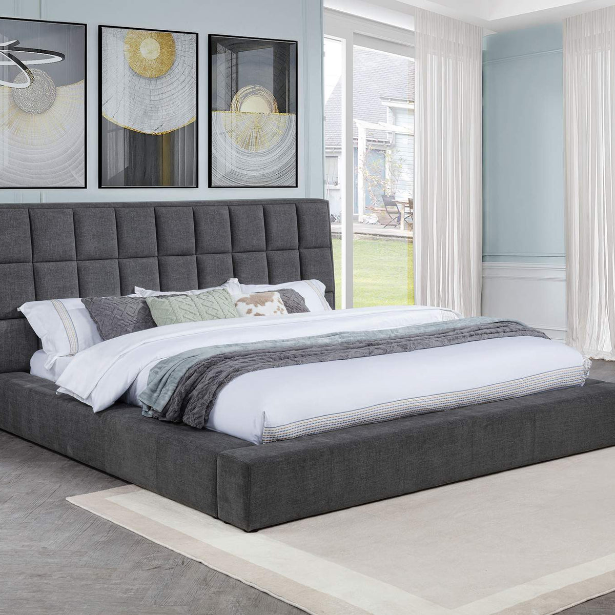 315948GRYKE Dreux Upholstered Eastern King Panel Platform Bed Grey