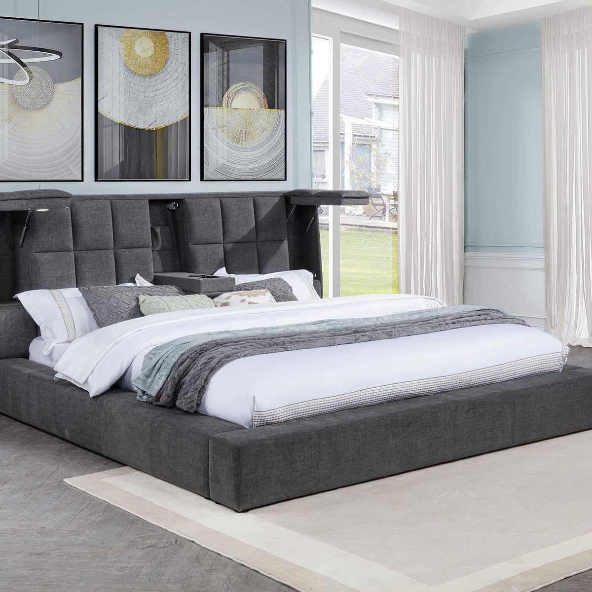 315948GRYKE Dreux Upholstered Eastern King Panel Platform Bed Grey