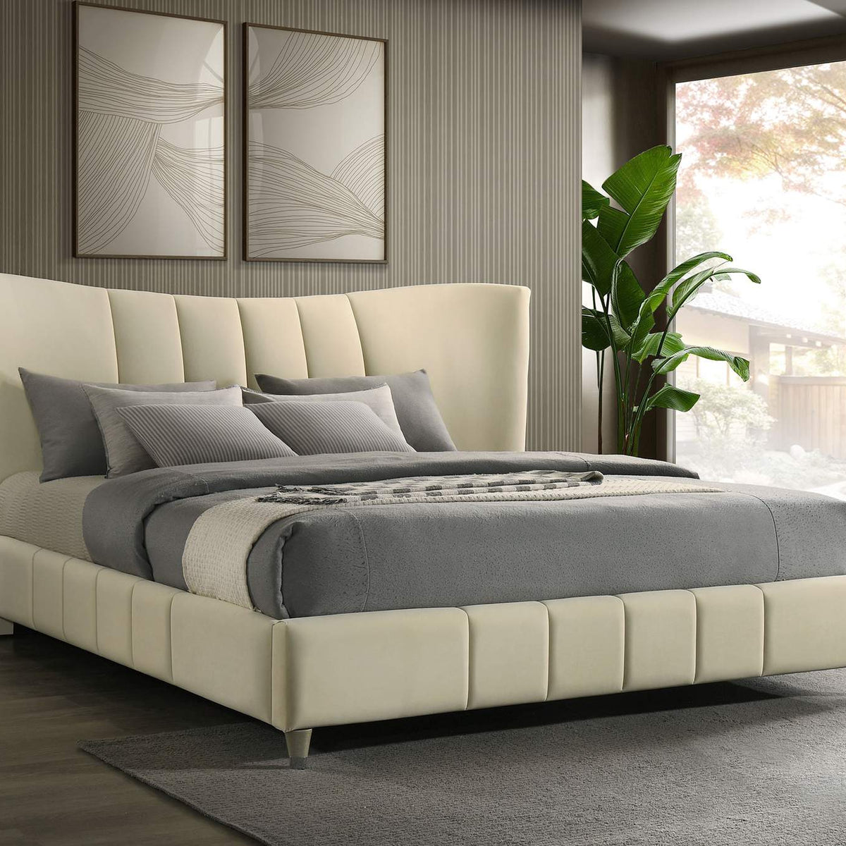 315956KE Evelyn Upholstered Eastern King Panel Platform Bed Ivory