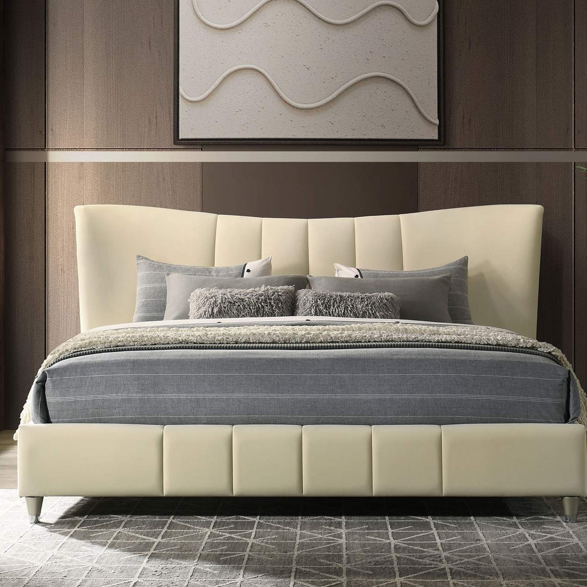 315956KE Evelyn Upholstered Eastern King Panel Platform Bed Ivory