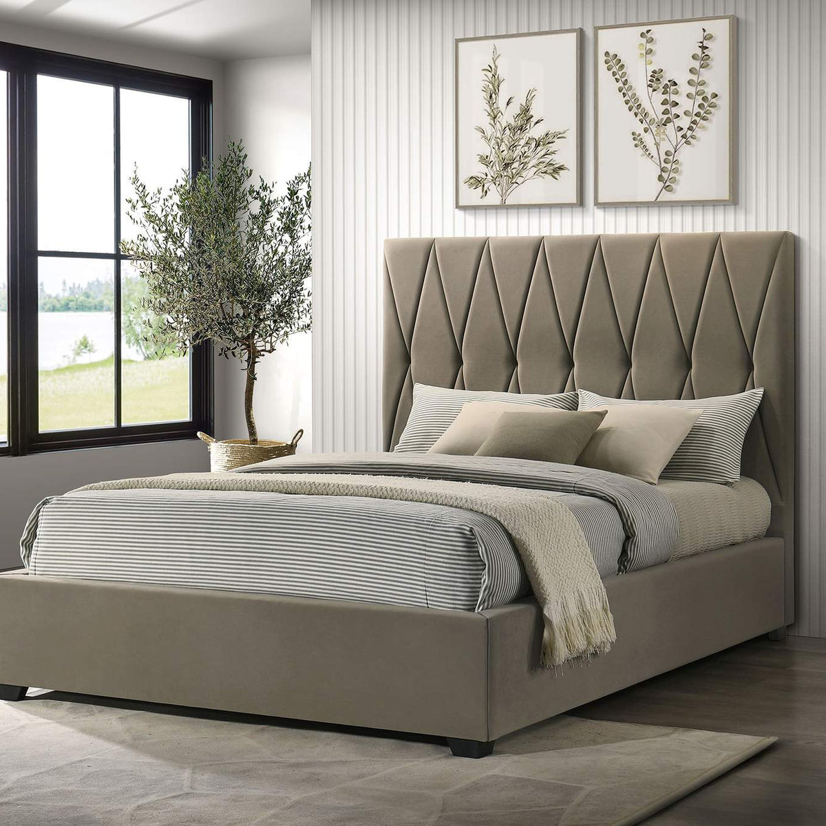 315975Q Delsea Upholstered Queen Panel Platform Bed Light Brown