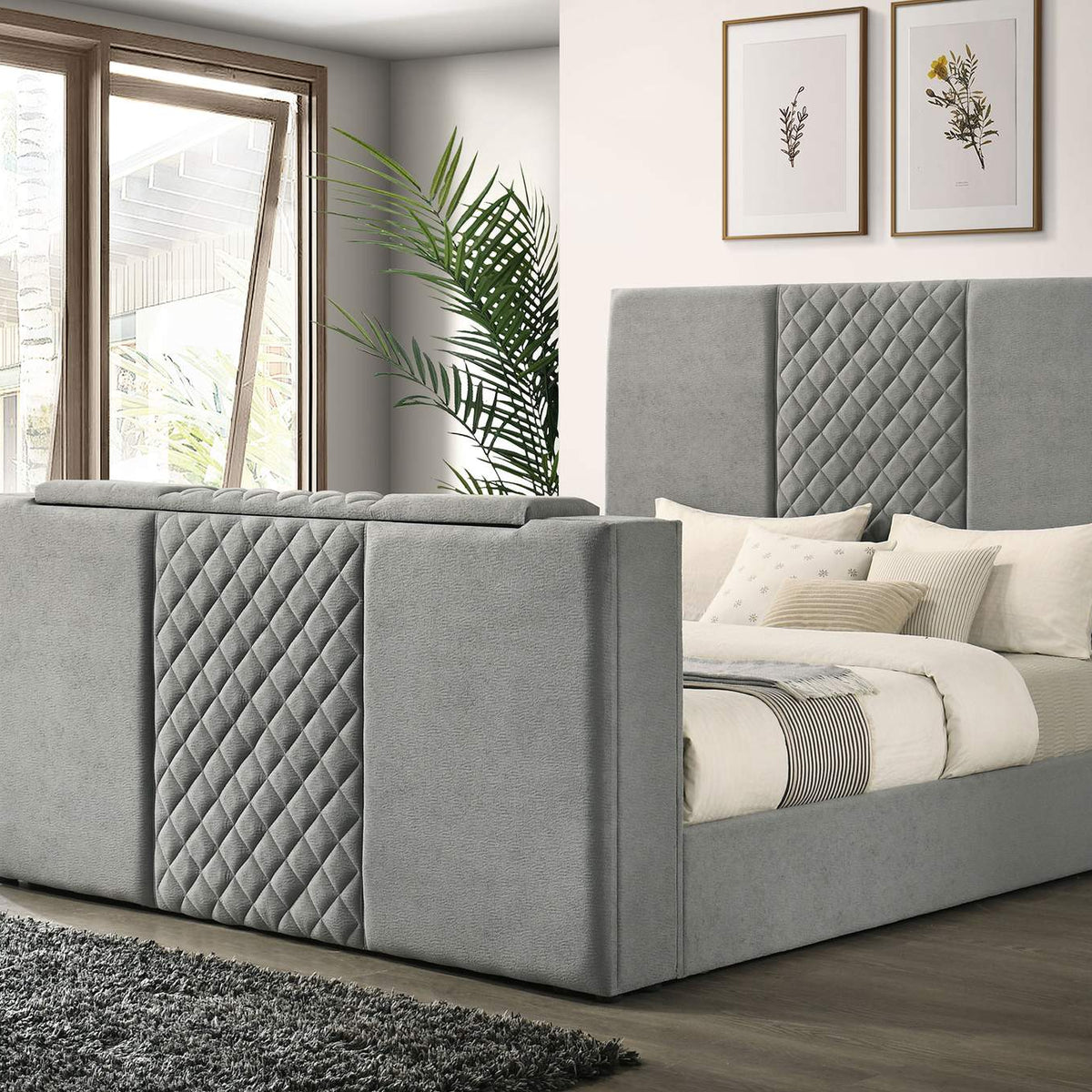 315994KE Tara 61-inch Upholstered Eastern King Panel TV Bed Grey