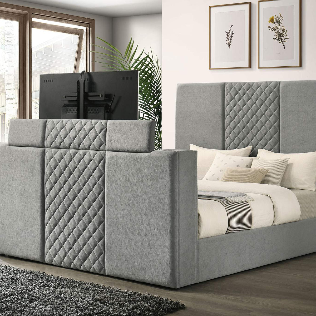 315994KE Tara 61-inch Upholstered Eastern King Panel TV Bed Grey