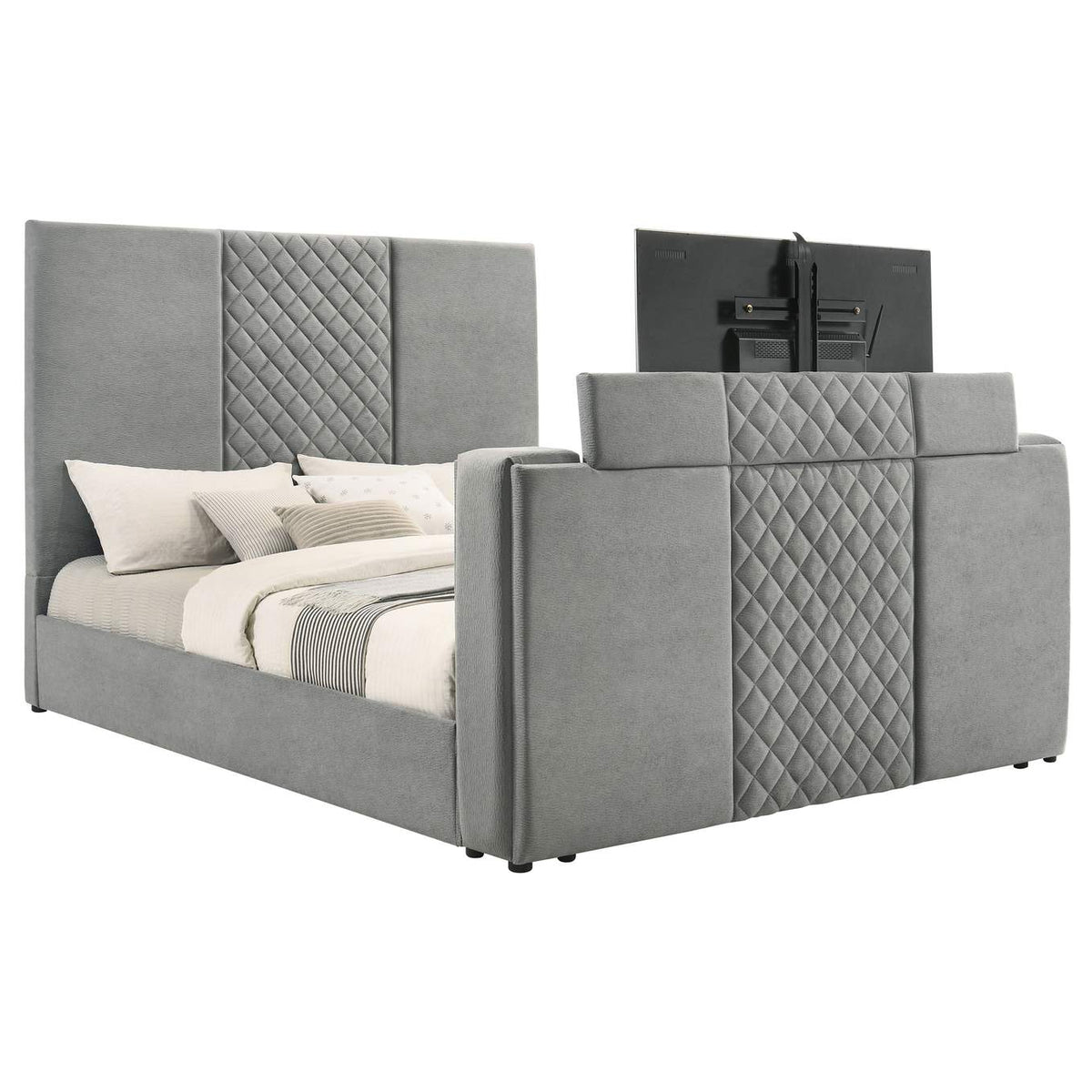 315994KE Tara 61-inch Upholstered Eastern King Panel TV Bed Grey