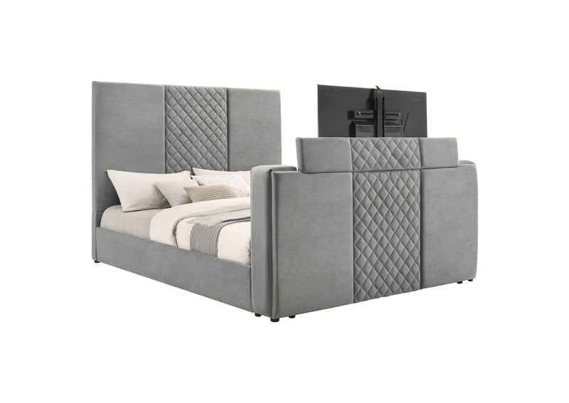 315994KE Tara 61-inch Upholstered Eastern King Panel TV Bed Grey