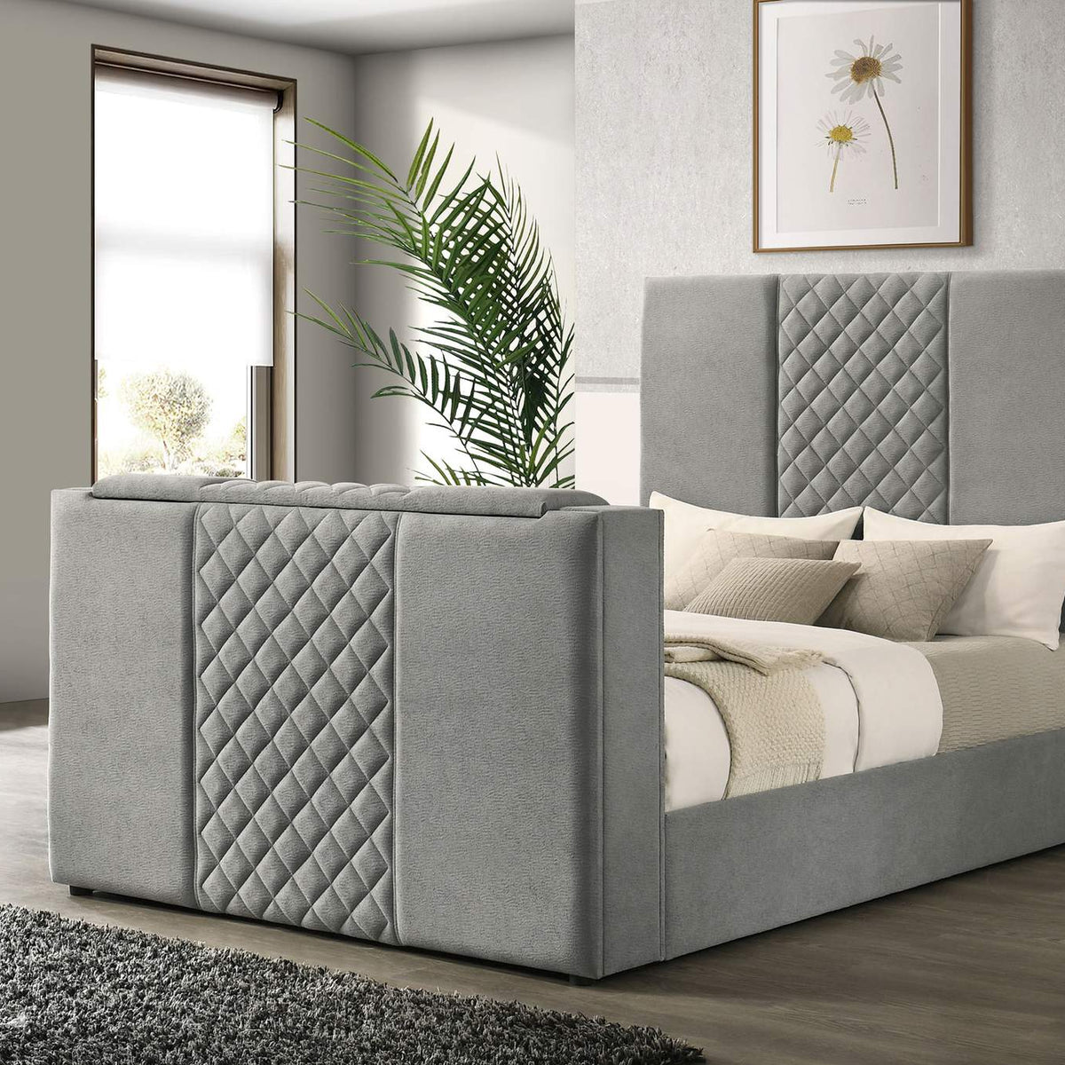 315994Q Tara 61-inch Upholstered Queen Panel TV Bed Grey