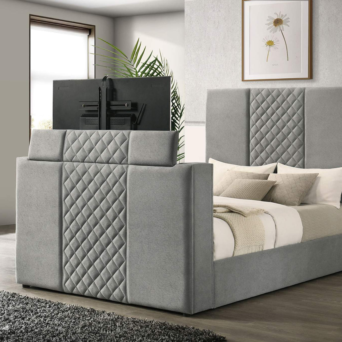 315994Q Tara 61-inch Upholstered Queen Panel TV Bed Grey