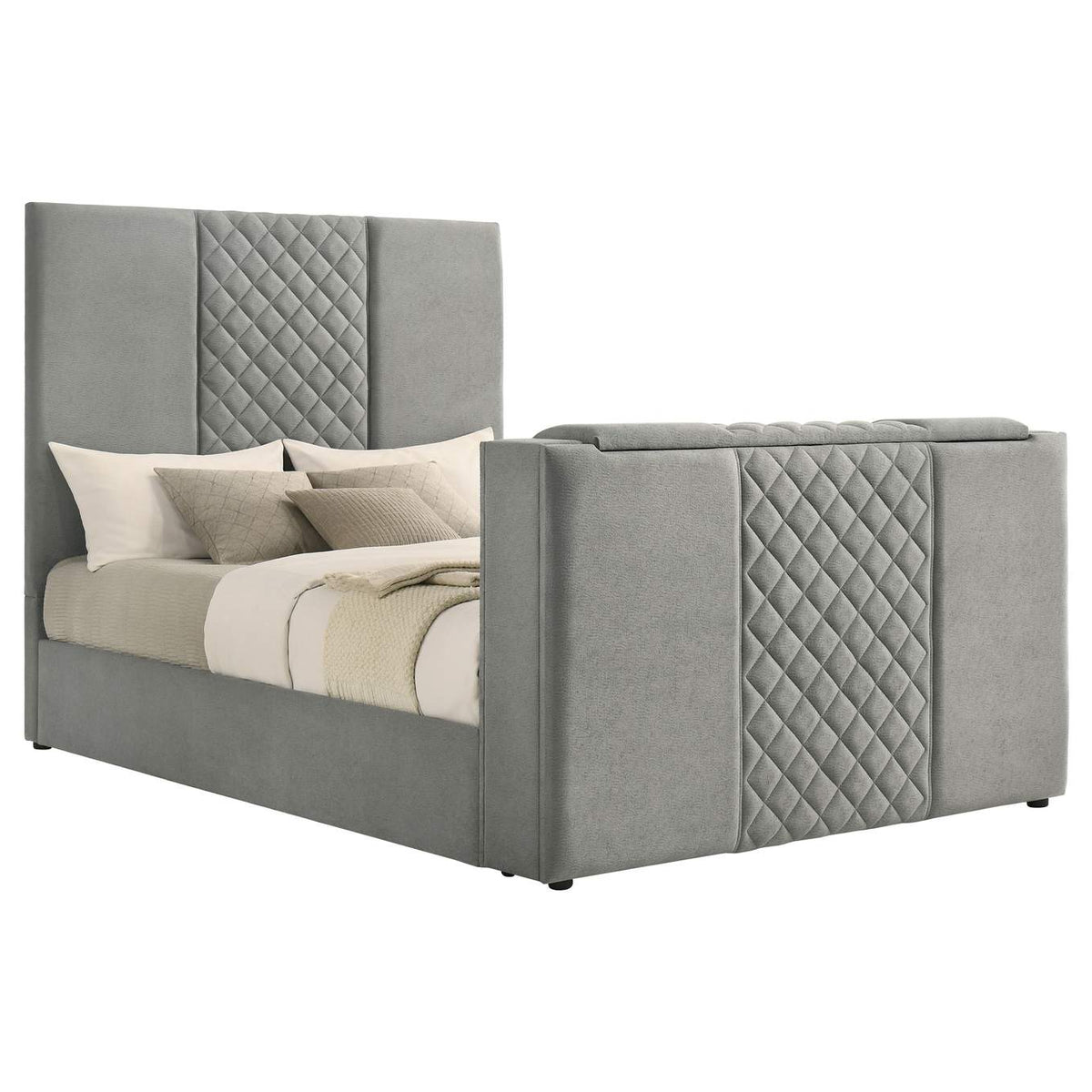 315994Q Tara 61-inch Upholstered Queen Panel TV Bed Grey