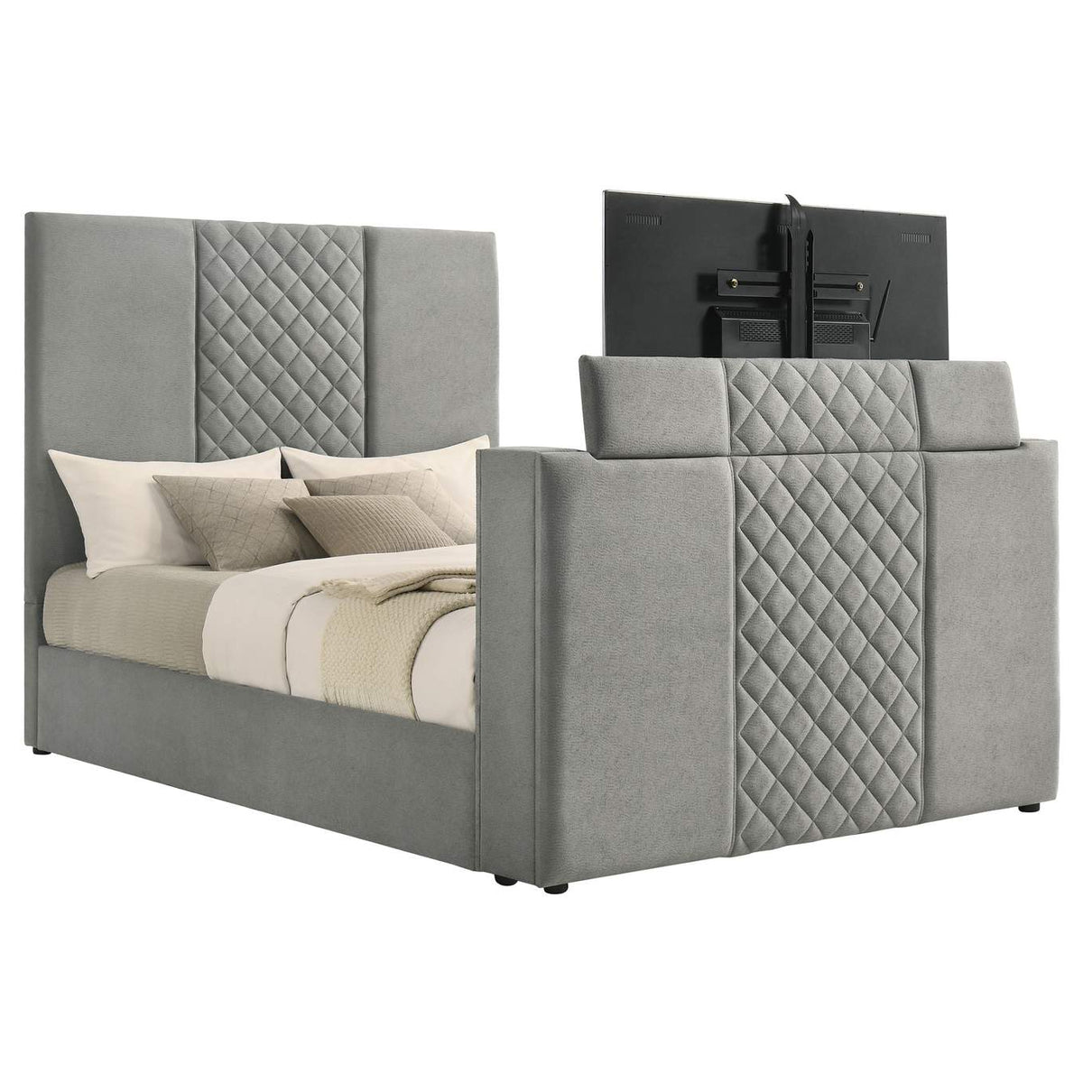 315994Q Tara 61-inch Upholstered Queen Panel TV Bed Grey