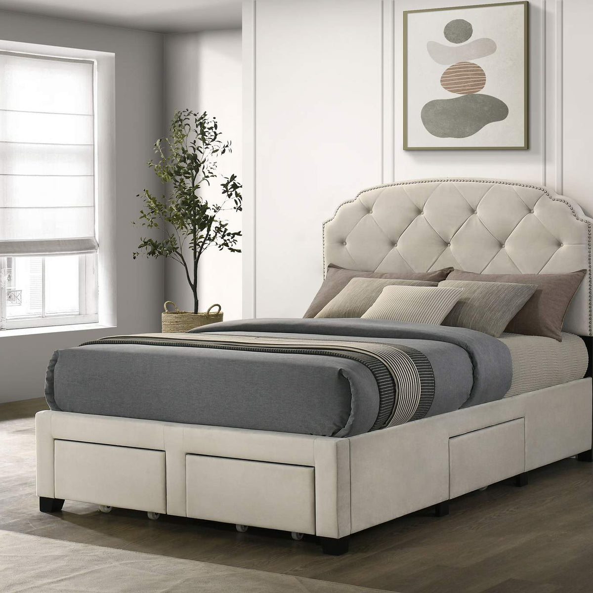 316011F Marianna 4-drawer Upholstered Full Storage Bed Cream
