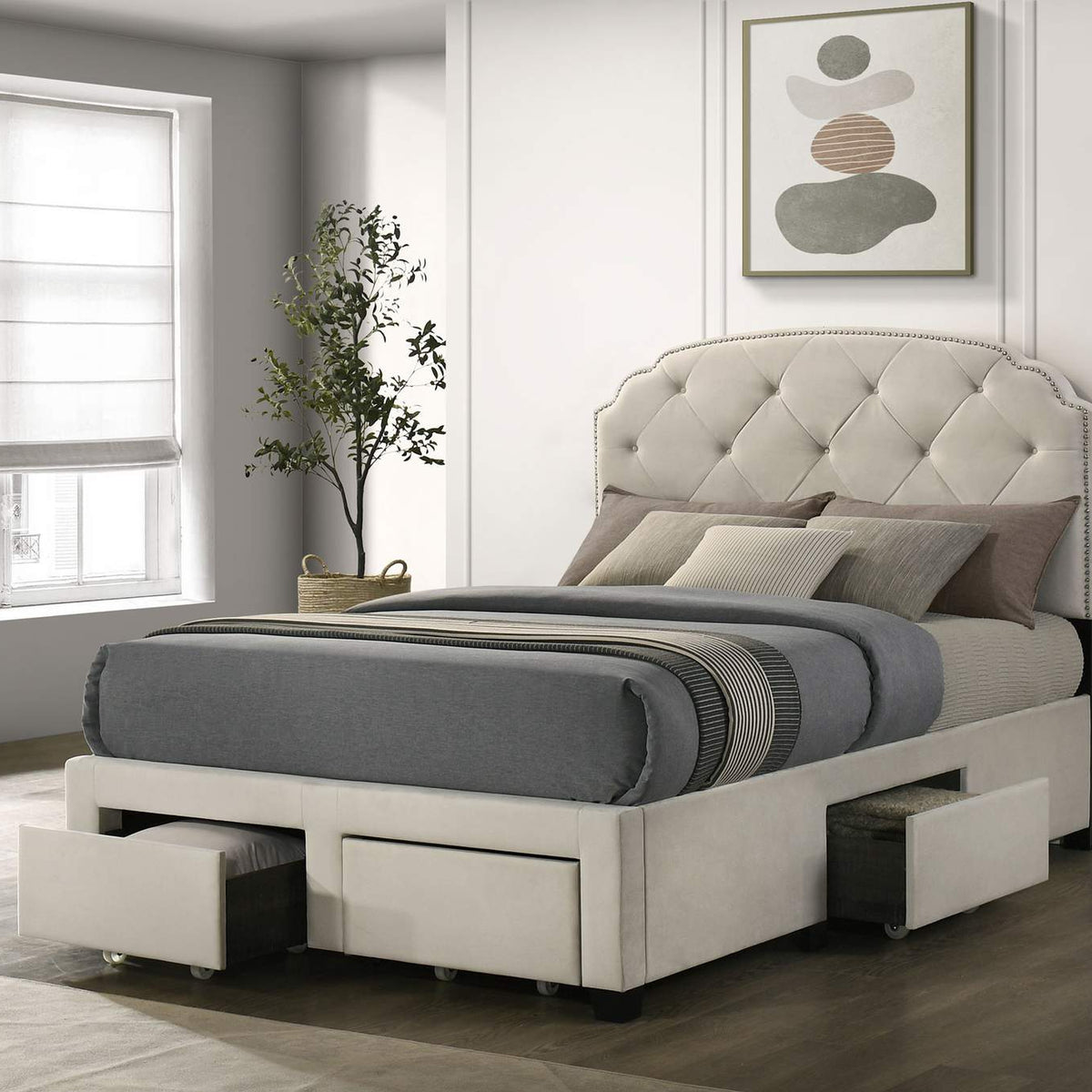 316011F Marianna 4-drawer Upholstered Full Storage Bed Cream