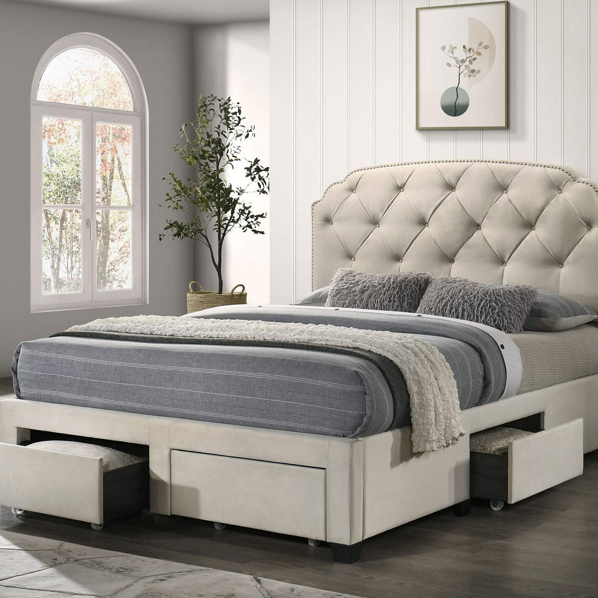316011Q Marianna 4-drawer Upholstered Queen Storage Bed Cream