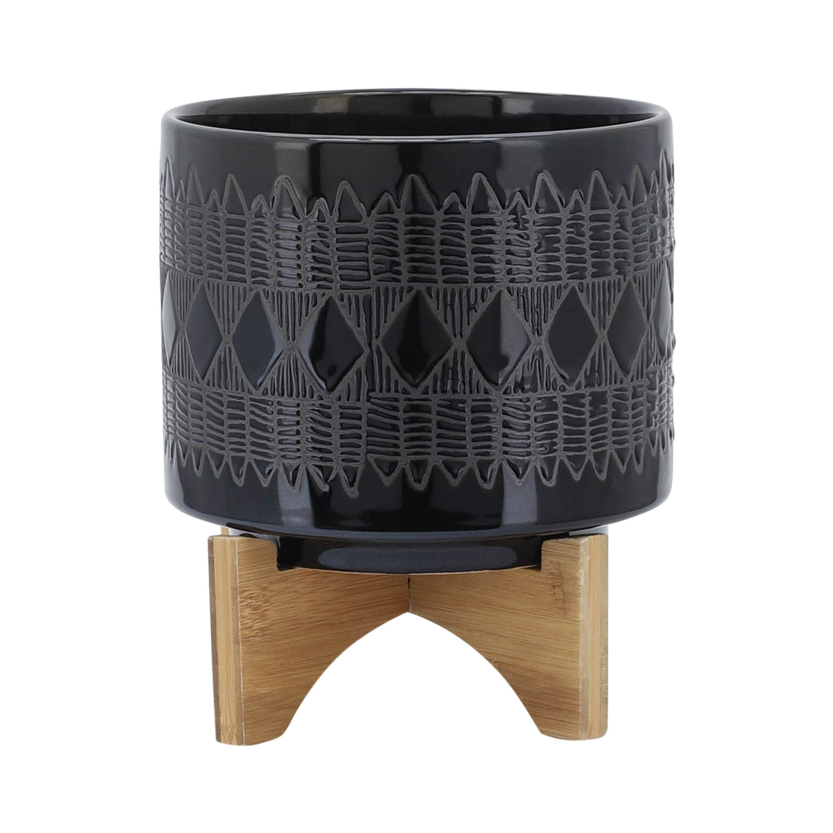 Ceramic Aztec Planter On Wooden Stand 8 / 10" (Set of 2) - Black