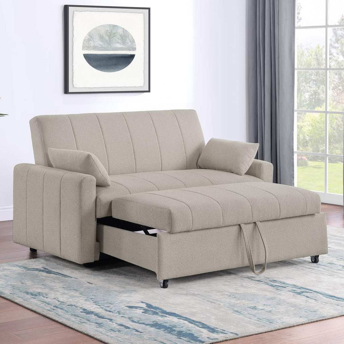 350142 Portland Boucle Upholstered Sleeper Sofa Bed Latte