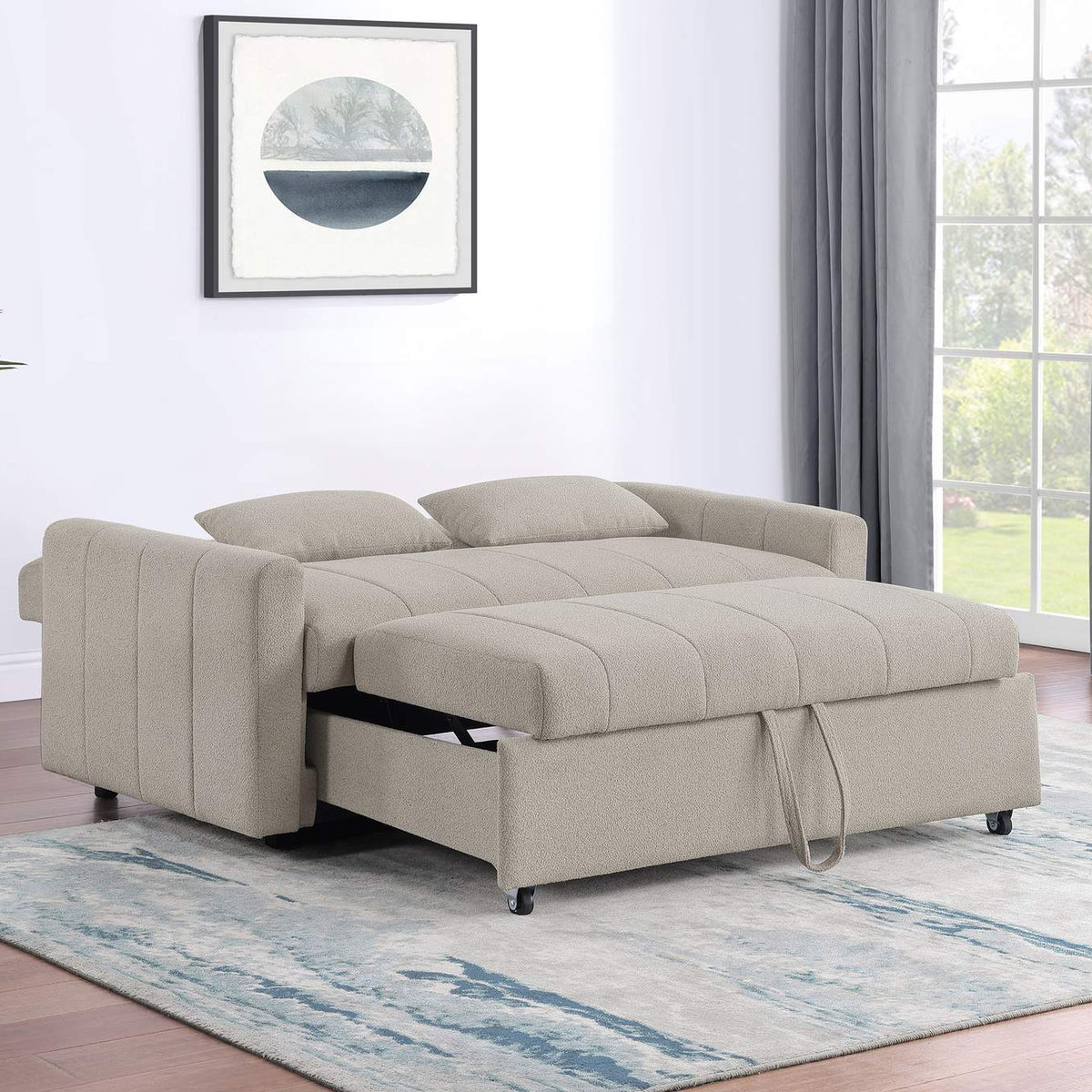 350142 Portland Boucle Upholstered Sleeper Sofa Bed Latte