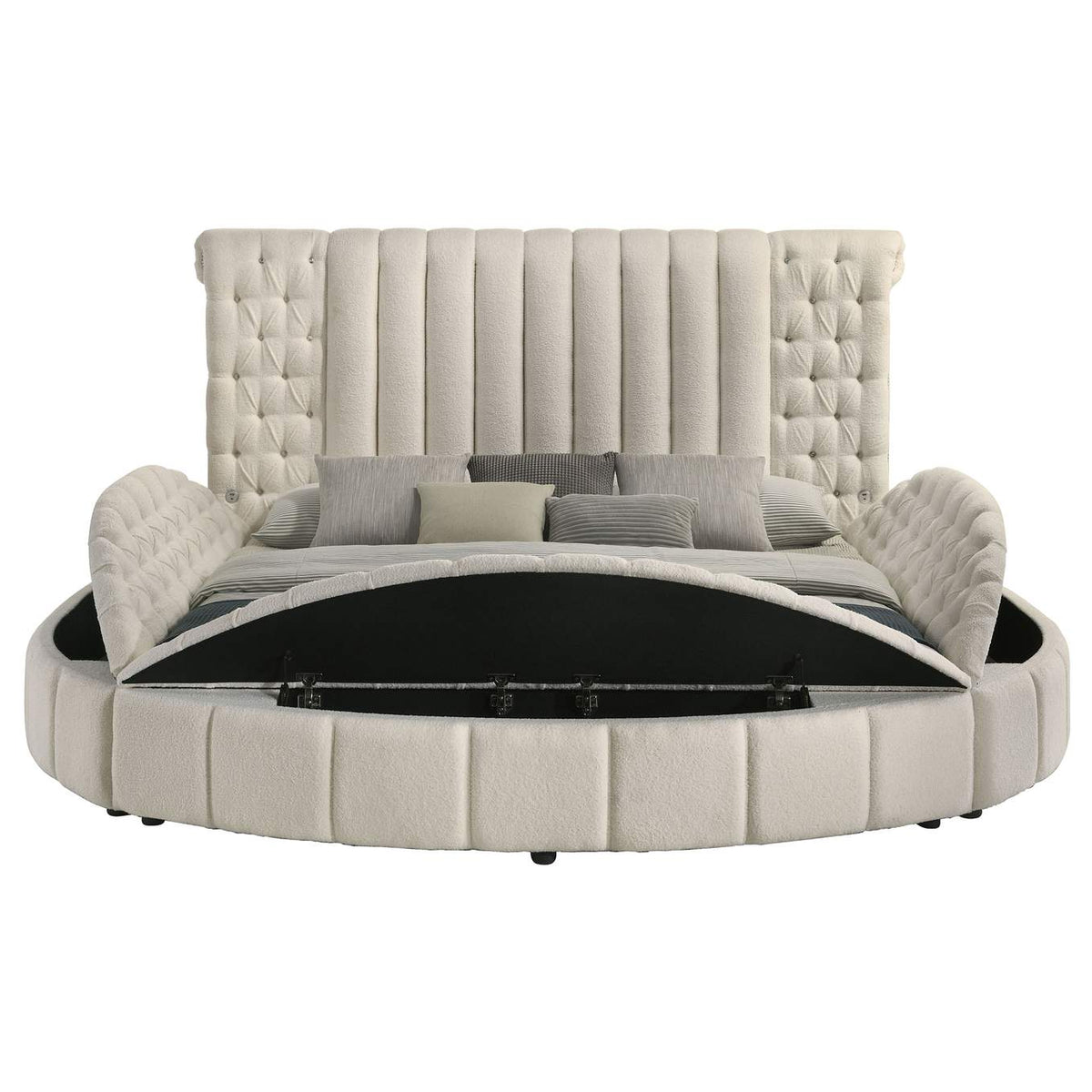 360111KE Sonya Upholstered Eastern King Round Storage Bed Ivory