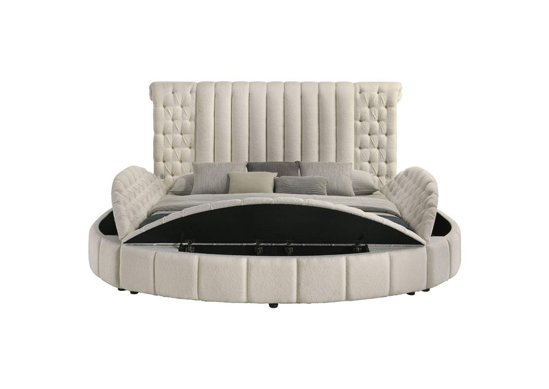 360111KE Sonya Upholstered Eastern King Round Storage Bed Ivory