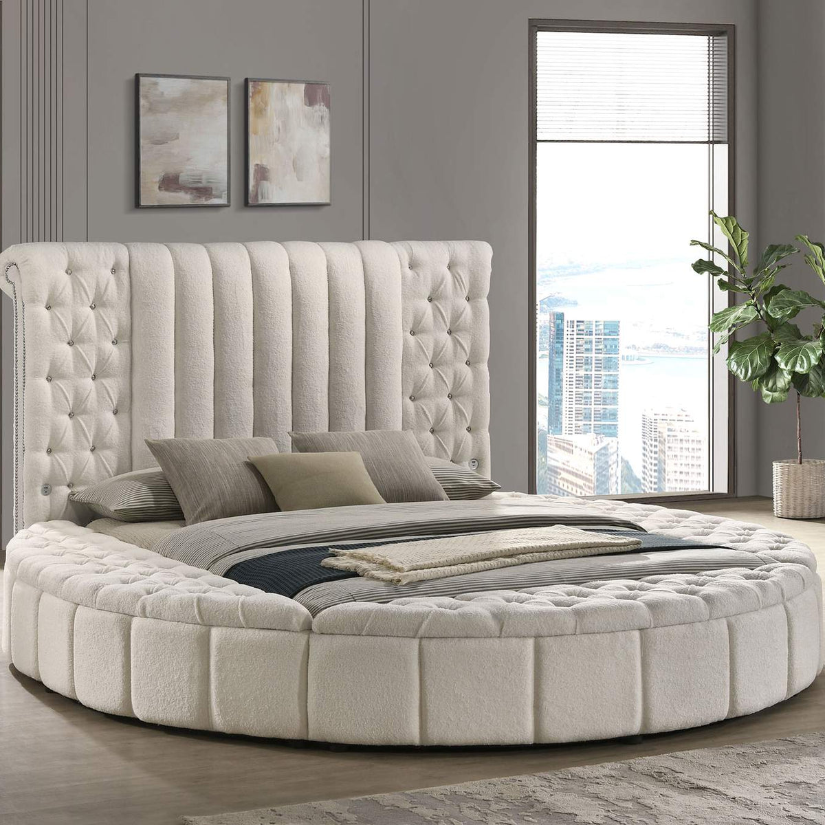 360111Q Sonya Upholstered Queen Round Storage Bed Ivory