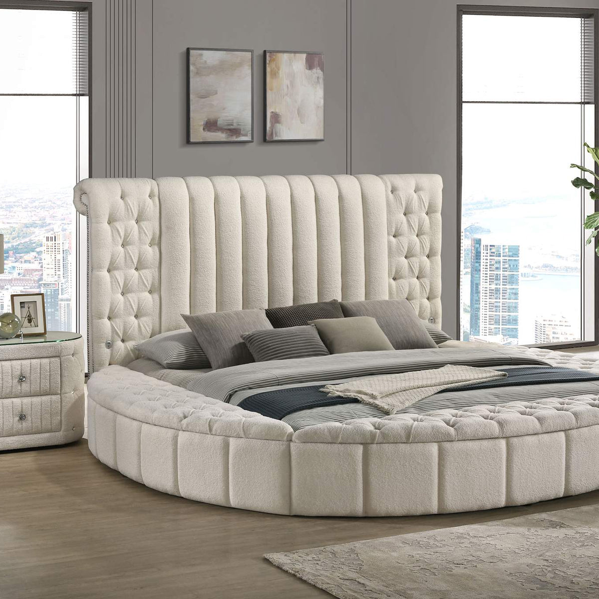 360111Q Sonya Upholstered Queen Round Storage Bed Ivory