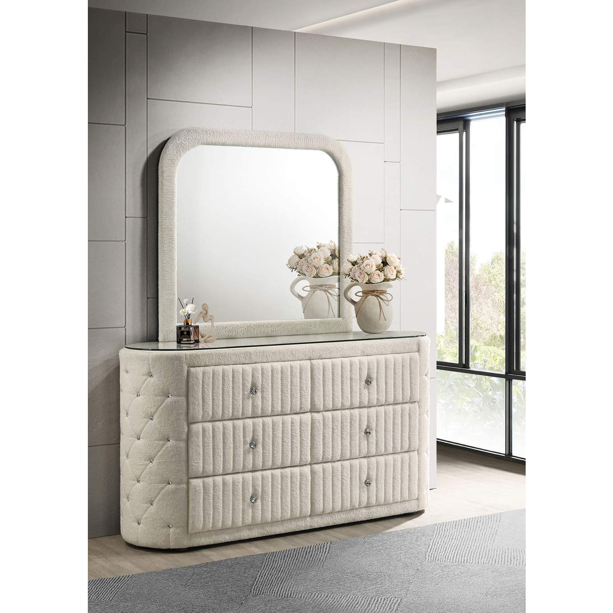 360113M Sonya 6-drawer Upholstered Bedroom Dresser with Mirror Ivory