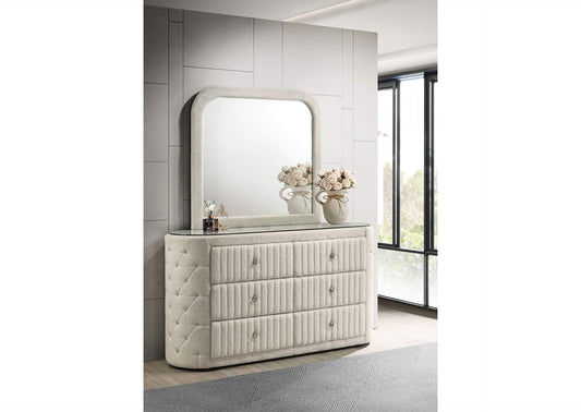 360113M Sonya 6-drawer Upholstered Bedroom Dresser with Mirror Ivory