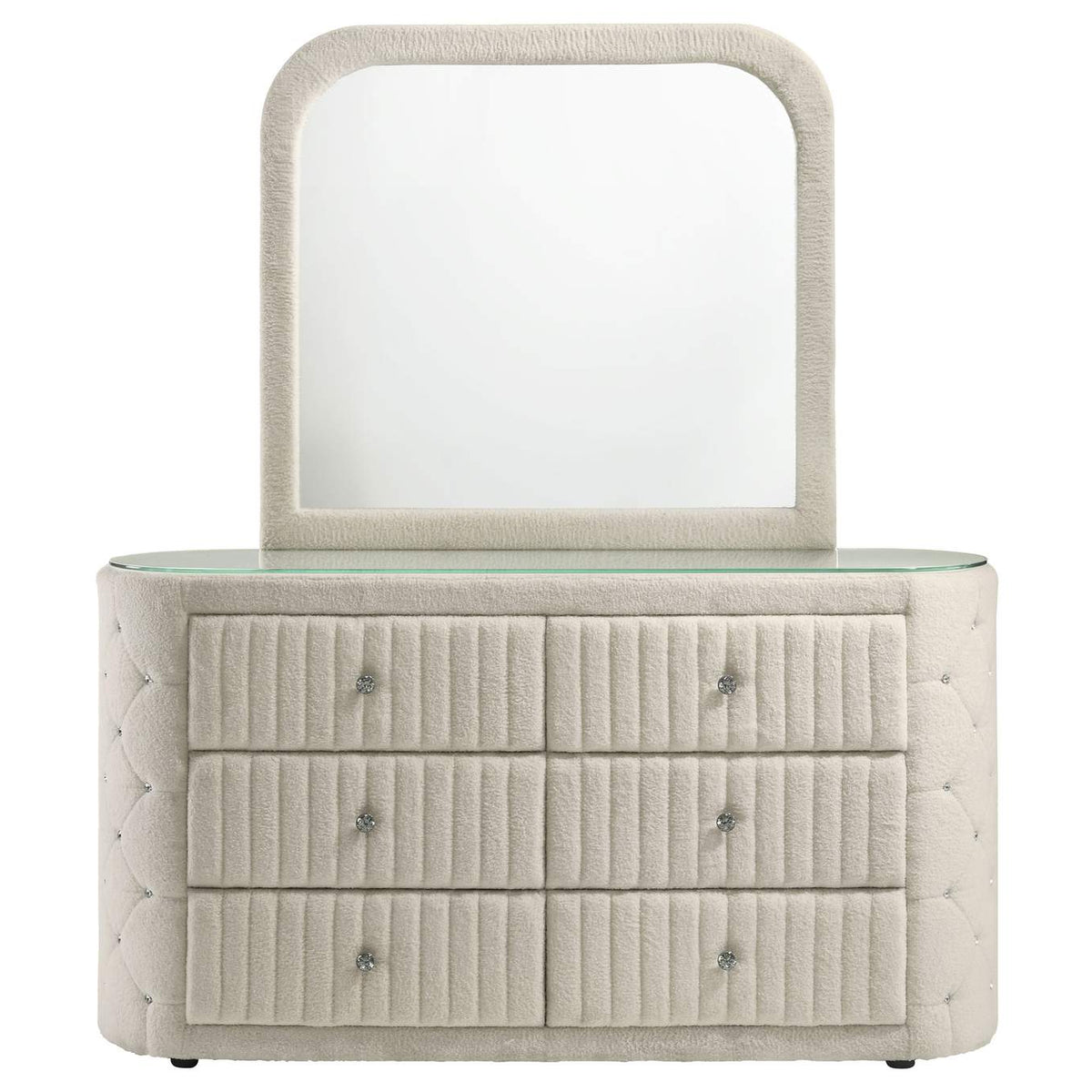 360113M Sonya 6-drawer Upholstered Bedroom Dresser with Mirror Ivory