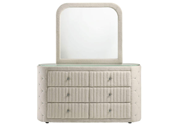 360113M Sonya 6-drawer Upholstered Bedroom Dresser with Mirror Ivory