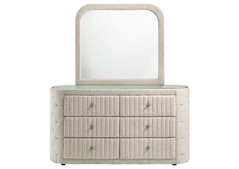 360113M Sonya 6-drawer Upholstered Bedroom Dresser with Mirror Ivory