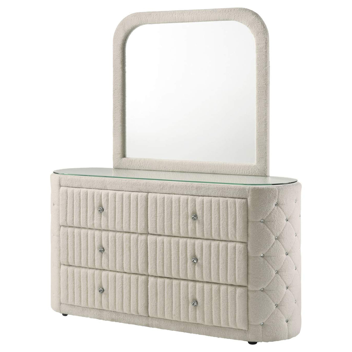 360113M Sonya 6-drawer Upholstered Bedroom Dresser with Mirror Ivory