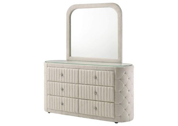 360113M Sonya 6-drawer Upholstered Bedroom Dresser with Mirror Ivory